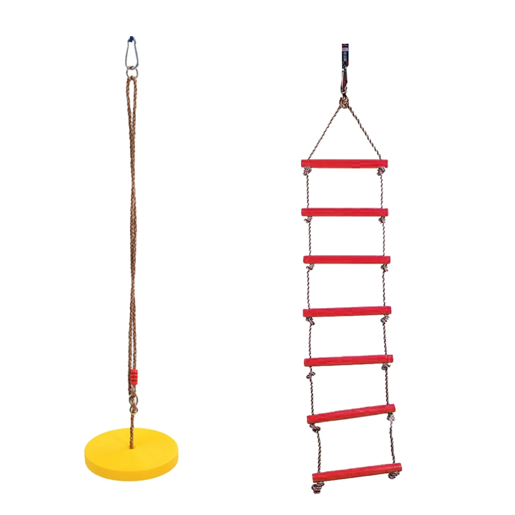 Pack of 2 Outdoor Tree Hanging Swing Rope with Base and 6 Rungs Ladder Playground Toy Set for Kids Pack of 2 Outdoor Tree Hanging Swing Rope with Base and 6 Rungs Ladder Playground Toy Set for Kids
