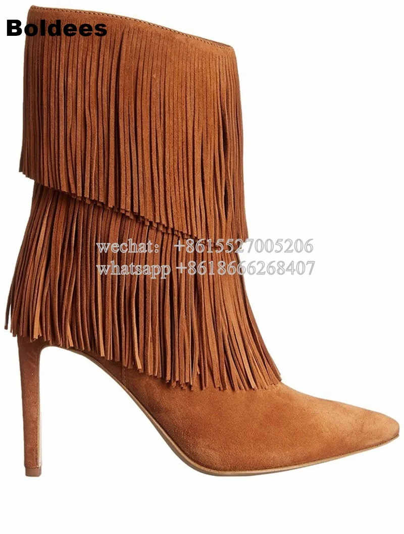Fashion Designer Tassel Suede Leather High Heel Boots Women Mid-calf Pointed Toe Autumn Short Boots
Fashion Designer Tassel Suede Leather High Heel Boots Women Mid-calf Pointed Toe Autumn Short Boots