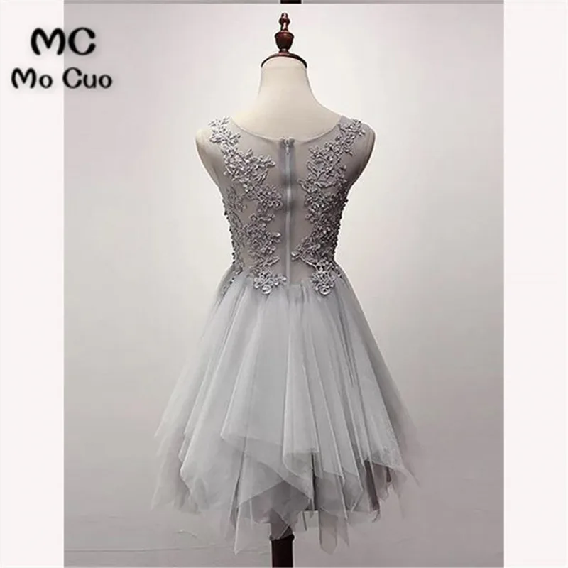 High Quality Handmade Asymmetrical Grey Tulle Homecoming Dress with Appliques, Grey Party Dress