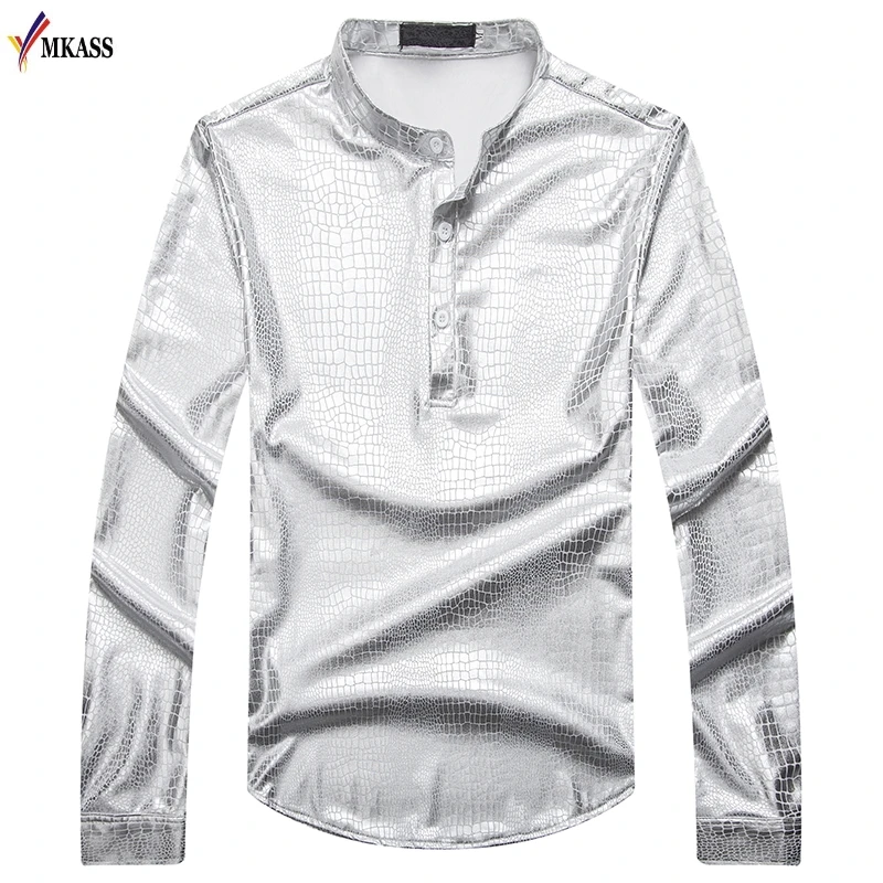 Hot Nightclub Silver Men Shirt Masculina Metallic Shiny Stage Performance Fashion Slim Fit Long Sleeve Hip Hop Dress Shirts Men