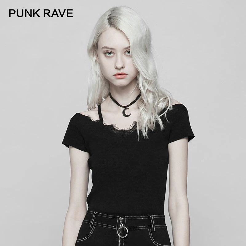 PUNK RAVE New Women's Black Sexy Lace Short Sleeve T-Shirt Casual Stitching V-collar Knitted T-shirt Slim Thin Version Top Women
PUNK RAVE New Women's Black Sexy Lace Short Sleeve T-Shirt Casual Stitching V-collar Knitted T-shirt Slim Thin Version Top Women
