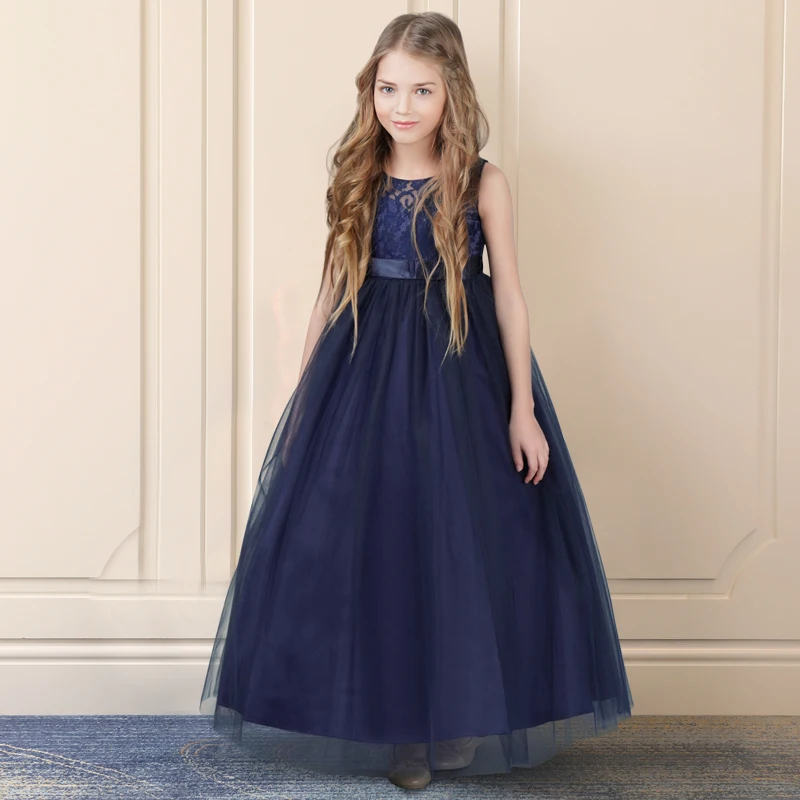 Темно синее платье для девочек кружевное принцессы с цветочным рисунком из тюля