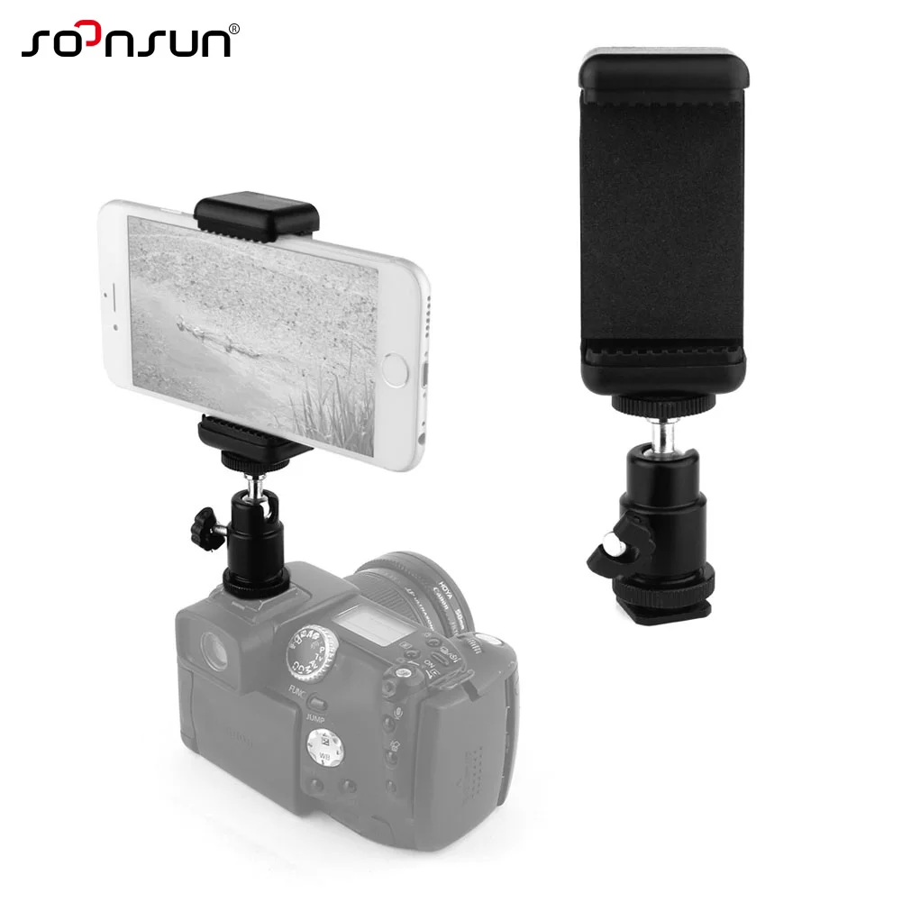 

SOONSUN 1/4 Flash Hot Shoe Adapter Cradle Ball Head Ball w/ Lock + Phone Clip Bracket Holder Mount for Nikon DSLR SLR Cell Phone