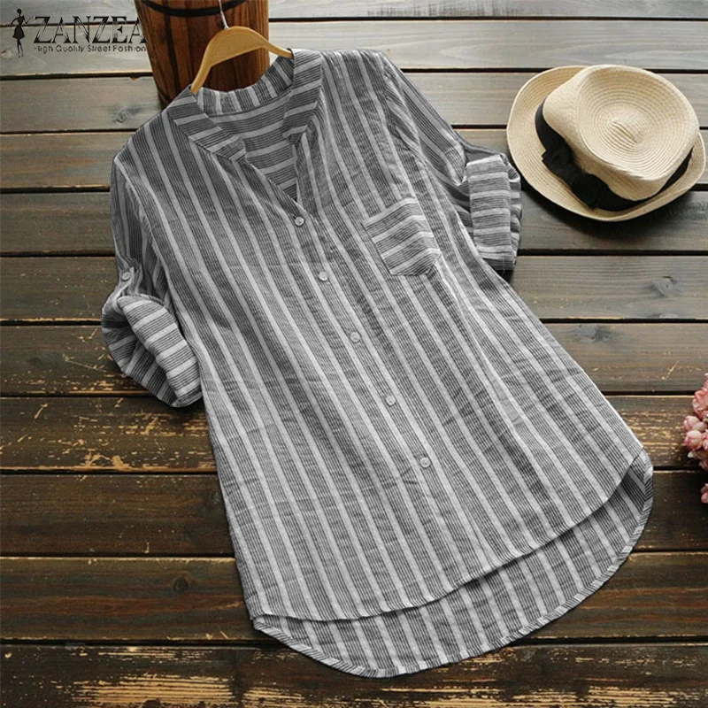 2019 Autumn Top ZANZEA Women Cotton Linen Striped Blouse Casual 3/4 Sleeve Work Shirt Elegant Blusas Casual V Neck Blusa Femme
2019 Autumn Top ZANZEA Women Cotton Linen Striped Blouse Casual 3/4 Sleeve Work Shirt Elegant Blusas Casual V Neck Blusa Femme