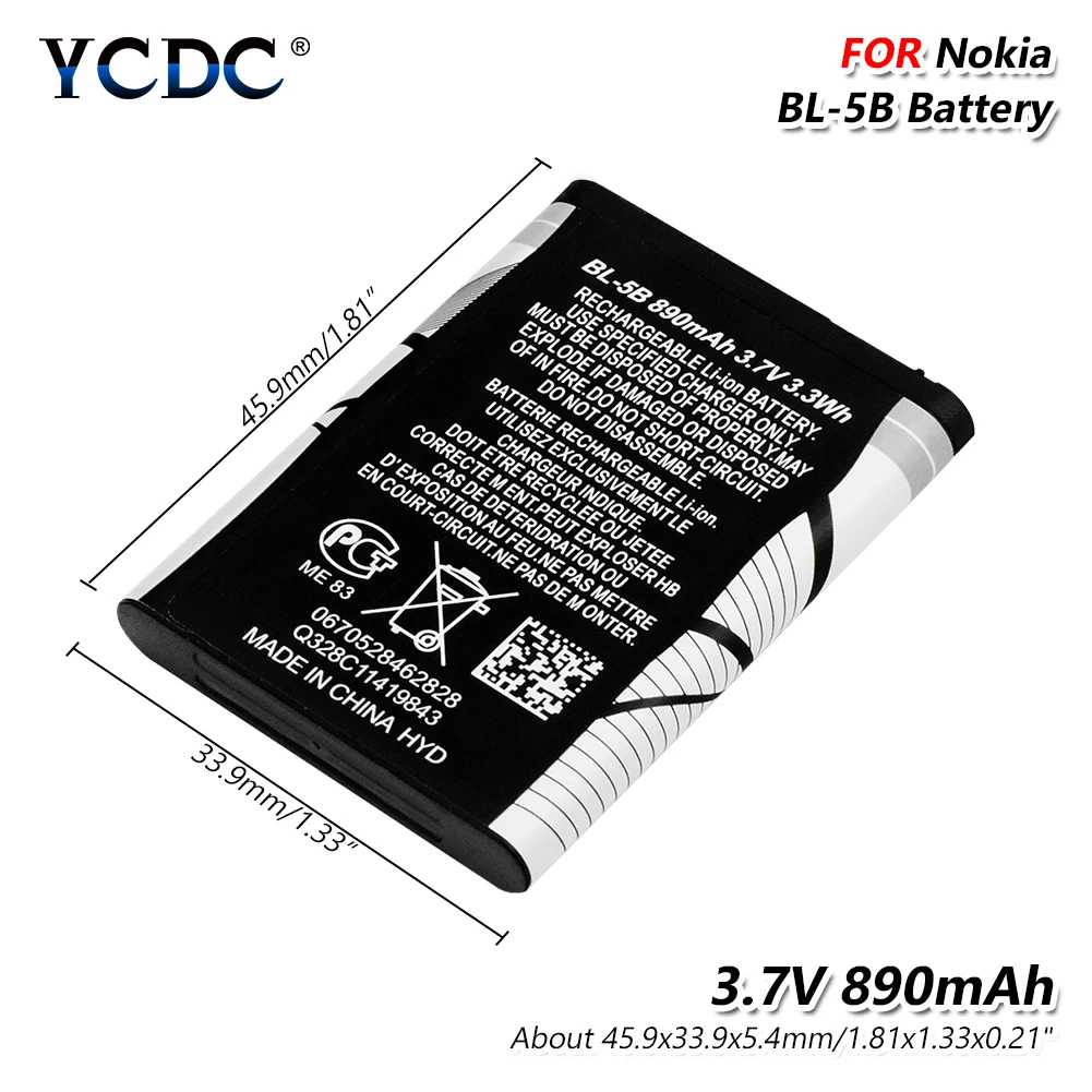3.7V BL 5B BL-5B Battery 890mAh High Capacity For Nokia Mobile 3220 3230 5140 5140i 5200 5208 5300 5320 5500 Sport 6020
3.7V BL 5B BL-5B Battery 890mAh High Capacity For Nokia Mobile 3220 3230 5140 5140i 5200 5208 5300 5320 5500 Sport 6020