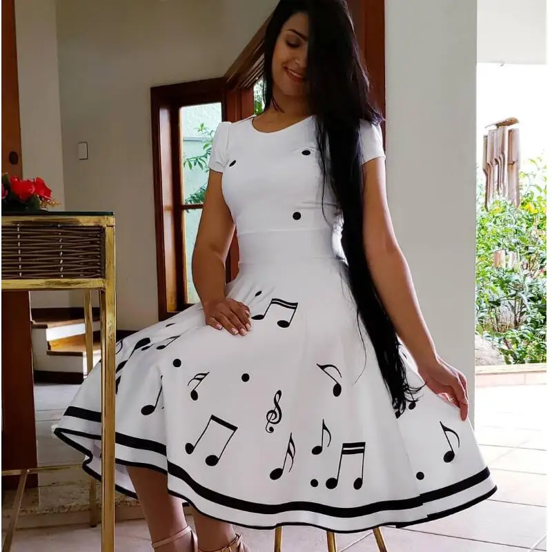 Vintage Women Musical Note Print Dress Hot Sale Short Sleeve A-line Mid-Calf Dress Chic Women Spring Summer O-Neck vestidos
Vintage Women Musical Note Print Dress Hot Sale Short Sleeve A-line Mid-Calf Dress Chic Women Spring Summer O-Neck vestidos