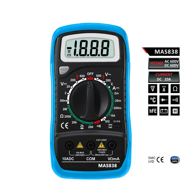 Mini LCD Digital Multimeter DMM Temperature Tester Probe Transistor Diode Continuity Test with Data Hold Function MAS838
Mini LCD Digital Multimeter DMM Temperature Tester Probe Transistor Diode Continuity Test with Data Hold Function MAS838