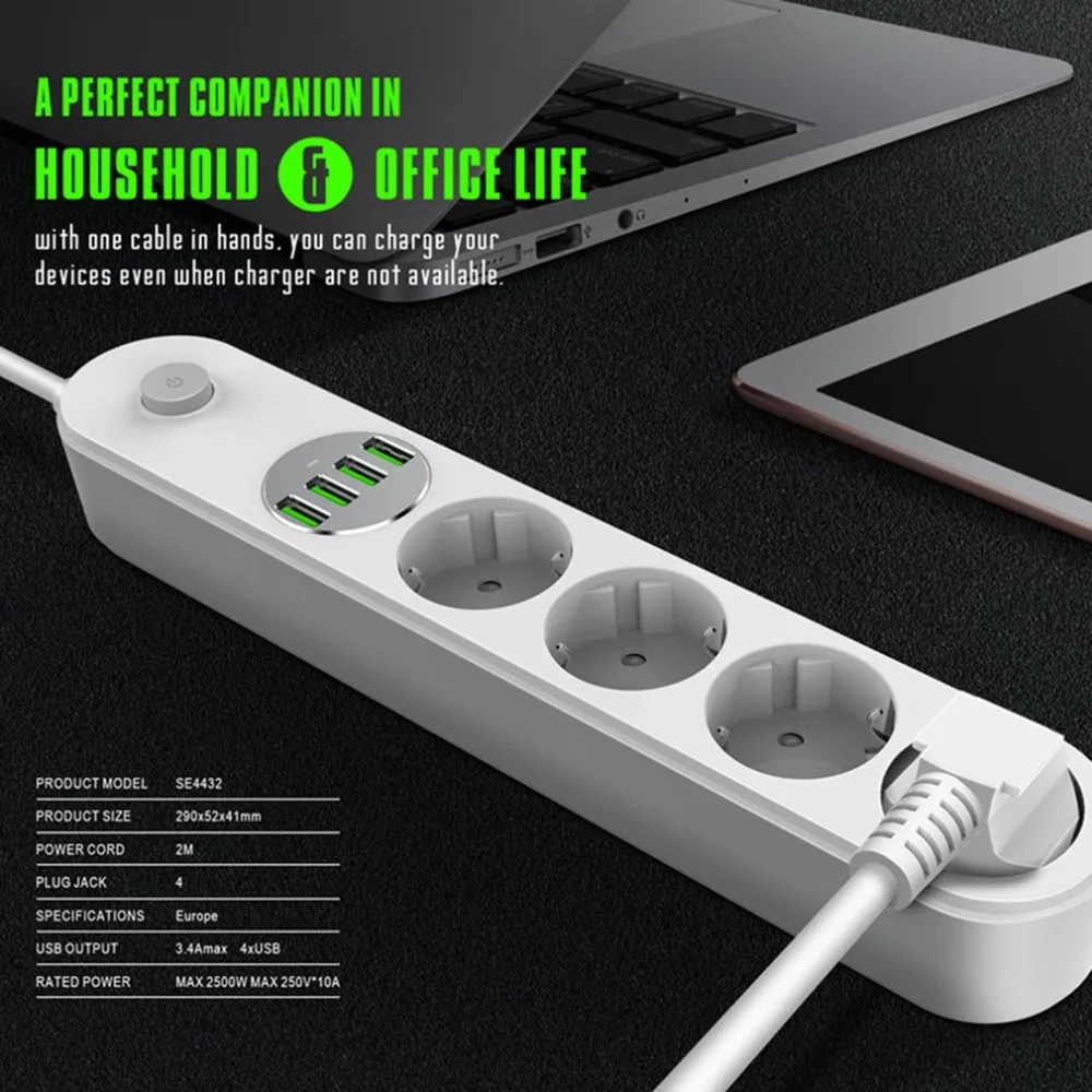 2M Power Socket Strip 4 Sockets 4 USB Port EU Plug Extension Patch Board for Home Office Use
2M Power Socket Strip 4 Sockets 4 USB Port EU Plug Extension Patch Board for Home Office Use