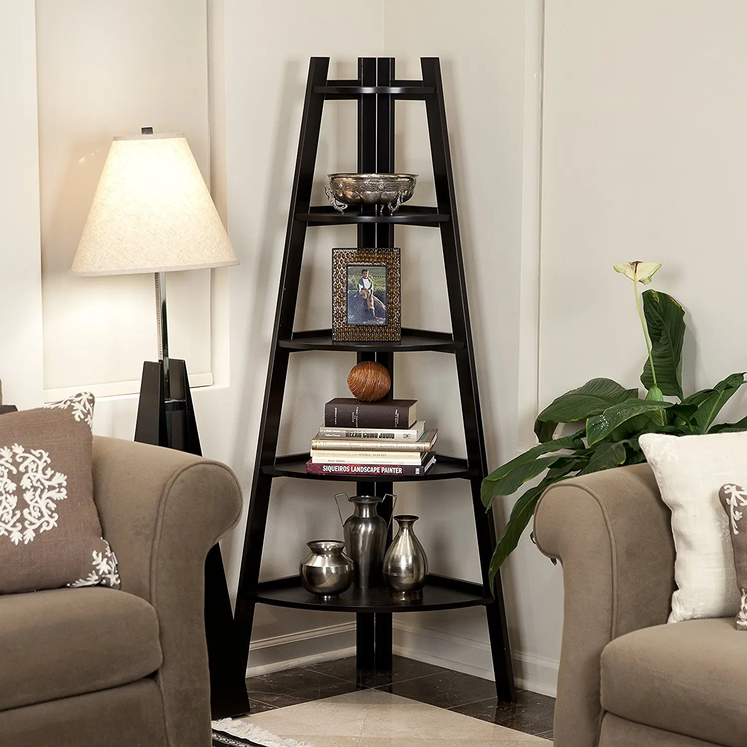 Black 5 Tier Corner Shelf Stand Wood Display Storage Home