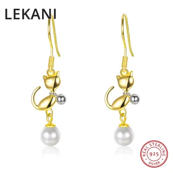 

LEKANI Cute Cat Hanging Earrings For Women Girls Pearls Made With Swarovski Elements Gold Plated S925 Silver Animal Jewelry