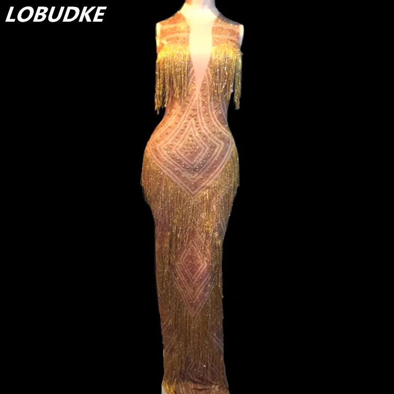 Nightclub Women Singer Host Gold Rhinestones Fringes Dress Sleeveless Skinny Sexy Long Dress Birthday Celebration Stage Costume
Nightclub Women Singer Host Gold Rhinestones Fringes Dress Sleeveless Skinny Sexy Long Dress Birthday Celebration Stage Costume