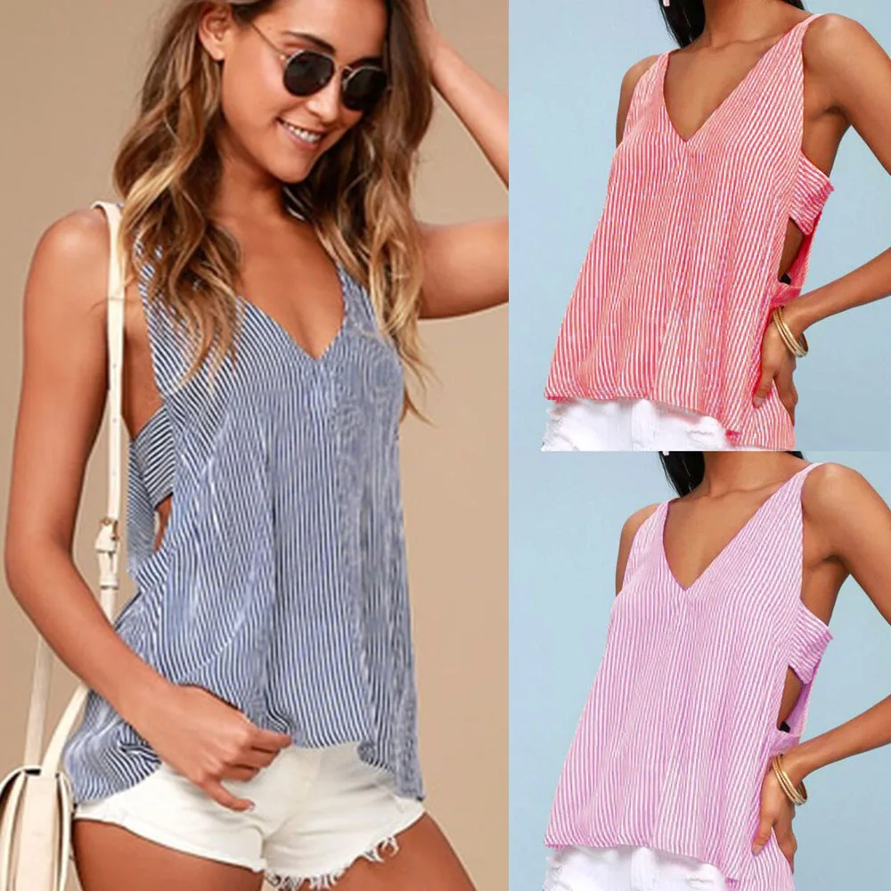 Sexy Fashion Womens Summer Tanks Ladies Casual Women V-Neck Stripe Print Backless Bandage Tank Lady Tops camiseta tirantes mujer
Sexy Fashion Womens Summer Tanks Ladies Casual Women V-Neck Stripe Print Backless Bandage Tank Lady Tops camiseta tirantes mujer