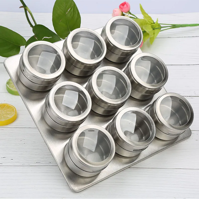 9 Pieces Magnetic Spice Jars Set Stainless Steel Salt and Pepper Spray Shakers Spice Rack Seasoning Box Condiment Container
9 Pieces Magnetic Spice Jars Set Stainless Steel Salt and Pepper Spray Shakers Spice Rack Seasoning Box Condiment Container