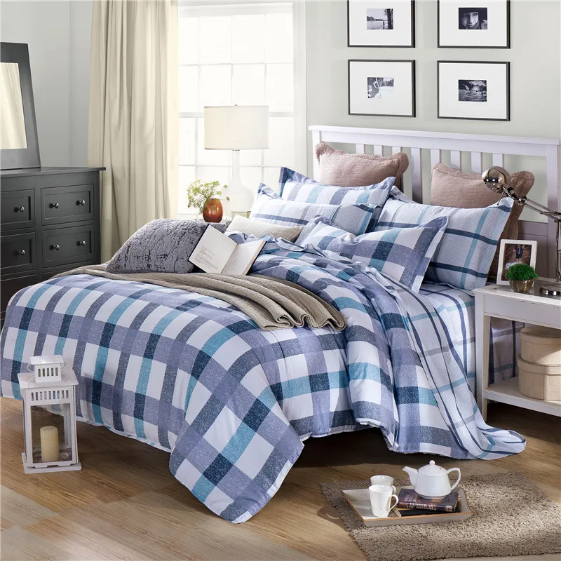 Linen Cotton Bedding Set w/ Gray & Blue Stripe & White Plaid