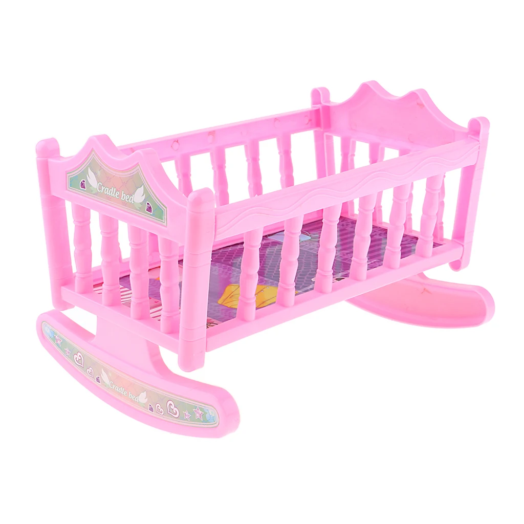 Sweet plastic rocking bed baby doll cradle model for 20cm dolls house or nursery bedroom furniture Pink