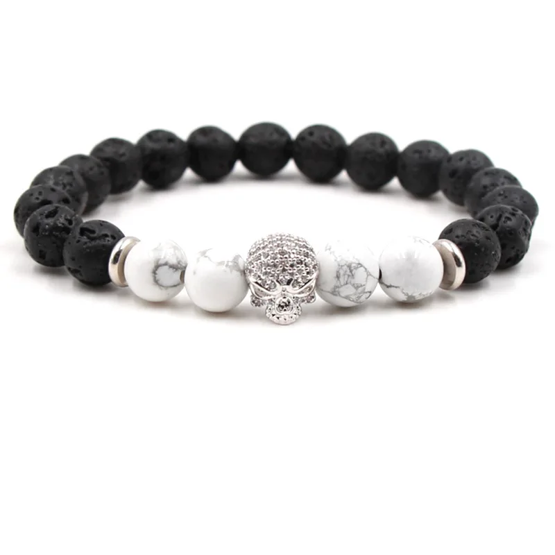 Crystal Skull Bracelet 8mm Howlite Black Lava Stone Beads DIY Aromatherapy Essential Oil Perfume Diffuser Pulsera | Украшения и