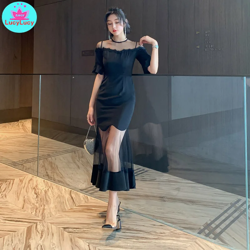 2019 summer Korean version of the new women's sexy perspective mesh stitching Slim thin sleeve fishtail dress
2019 summer Korean version of the new women's sexy perspective mesh stitching Slim thin sleeve fishtail dress