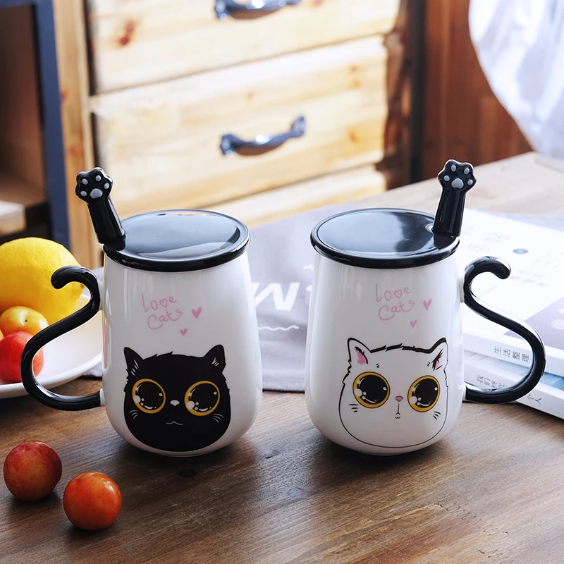 16oz Cute Cat Coffee Mug Ceramic Milk Mug Tea Cup with Handle Lid and