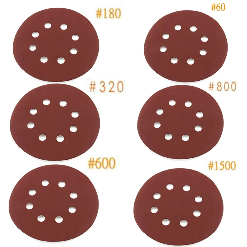 30pcs 5" 60/180/320/600/800/1500 Grit Sandpaper Sanding Sheet Disc Polishing Tool 8 Hole