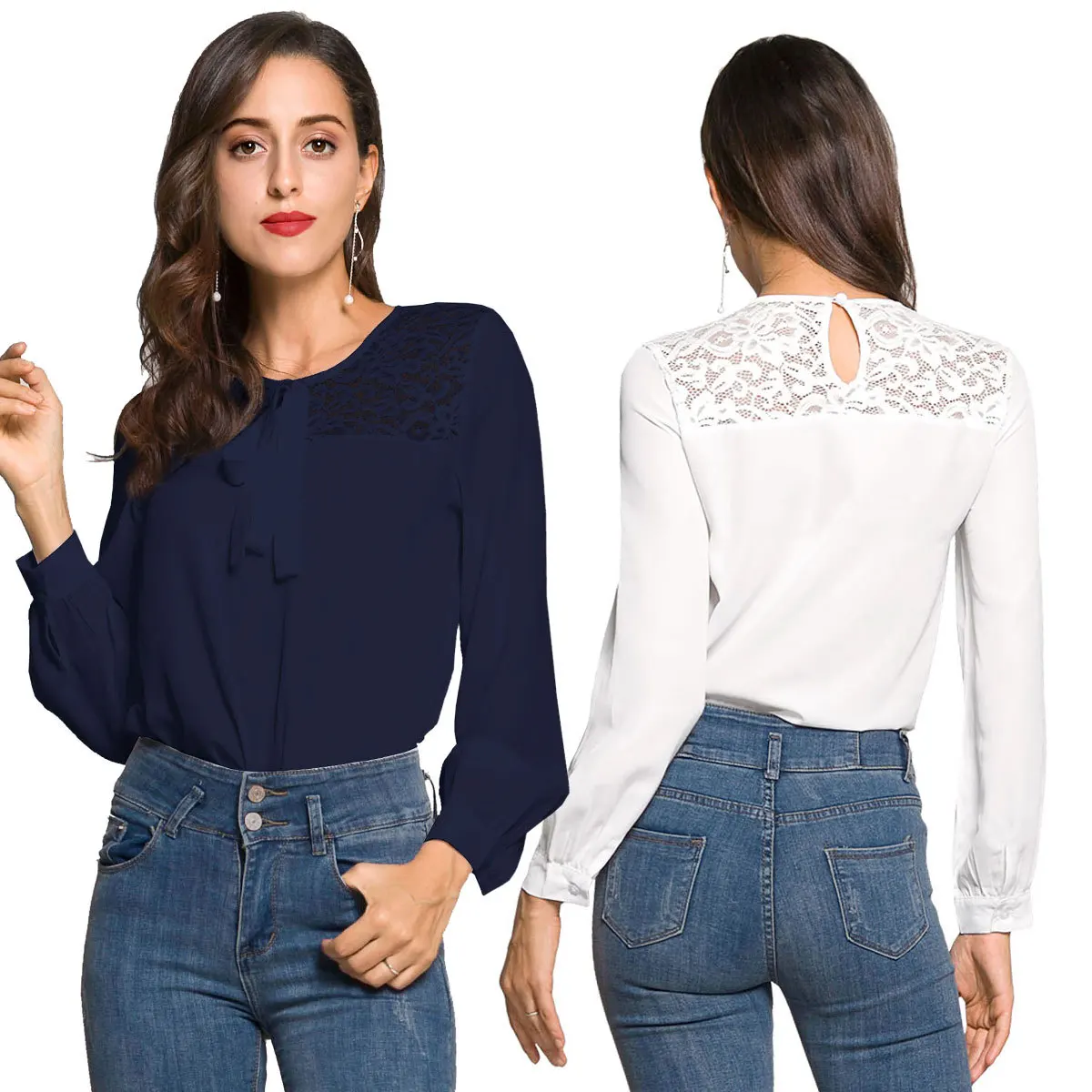 Tissbely Autumn 2018 New Women's Lace Stitching Chiffon Shirt White and Navy Blue
Tissbely Autumn 2018 New Women's Lace Stitching Chiffon Shirt White and Navy Blue