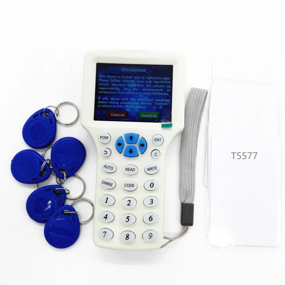 English 9 frequency Full-featured Smart Card Key Machine RFID NFC Copier IC/ID Reader/Writer+5pcs T5577 cards & Keychains
English 9 frequency Full-featured Smart Card Key Machine RFID NFC Copier IC/ID Reader/Writer+5pcs T5577 cards & Keychains