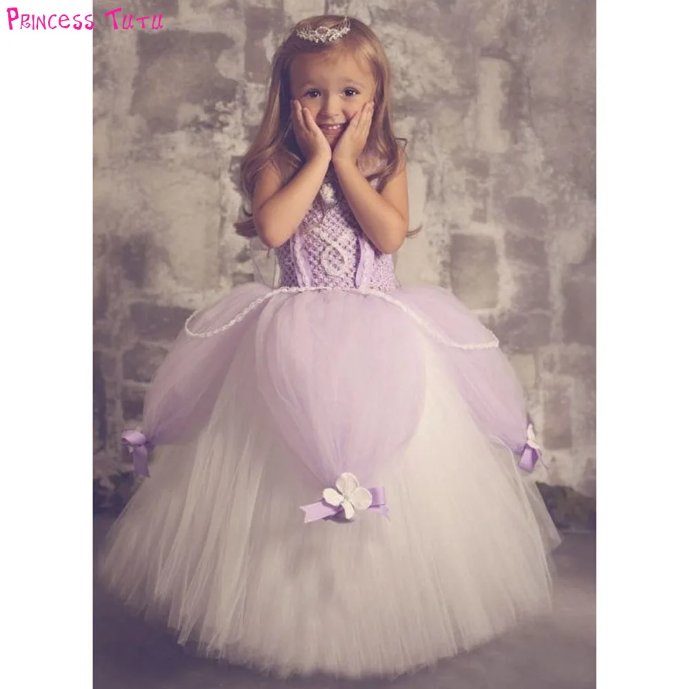 

Princess Sofia Girl Tutu Dress Pageant Lavender Flowers Girls Pearls Birthday Party Dresses Kids Halloween Costume Outfit Cloth