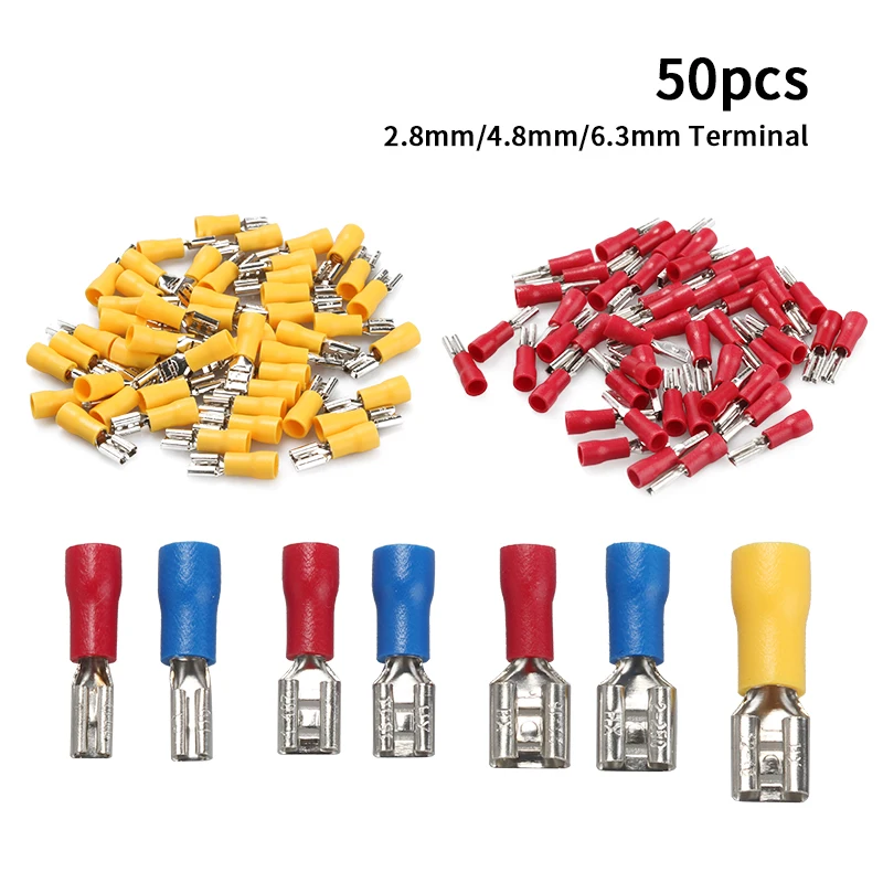 50Pcs 2.8mm 4.8mm 6.3mmFemale Crimping Terminals Insulated Seal Spade Wire Connector Electrical Crimp Terminal Set
50Pcs 2.8mm 4.8mm 6.3mmFemale Crimping Terminals Insulated Seal Spade Wire Connector Electrical Crimp Terminal Set