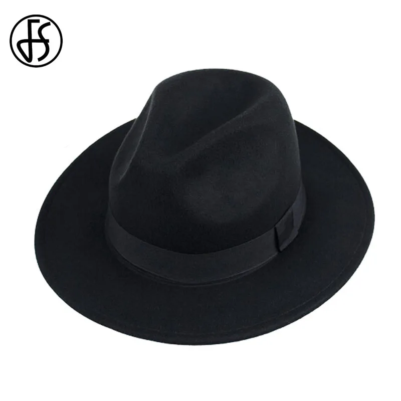 

FS Black Felt Hats Men Wool Fedoras Female Wide Brim Trilby Hats Panama Godfather Vintage Autumn Winter Jazz Bowler Caps Womens