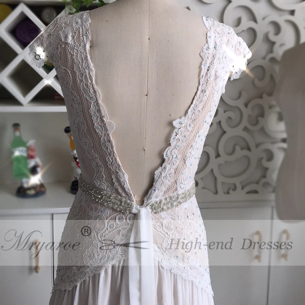 Mryarce Elegant V Neck Glitter Lace Open Back Wedding Dress Boho Chic Bridal Gowns With Rhinestone Belt (1)