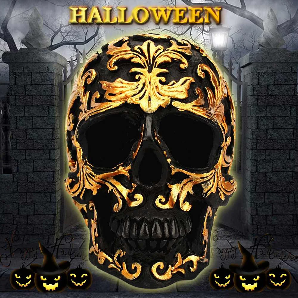 Halloween Party Decorative Resin Craft Black Skull Head Golden Carving Skull Sculpture Ornaments Home Decoration Accessories
Halloween Party Decorative Resin Craft Black Skull Head Golden Carving Skull Sculpture Ornaments Home Decoration Accessories