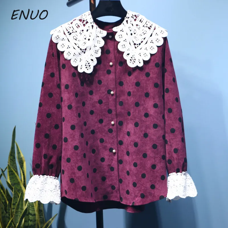 Preppy Style 2019 Spring Corduroy Blouse Hollow Lace Doll Collar Shirt Loose Flare Sleeve Polka Dot Women Top Girl Blouse
Preppy Style 2019 Spring Corduroy Blouse Hollow Lace Doll Collar Shirt Loose Flare Sleeve Polka Dot Women Top Girl Blouse