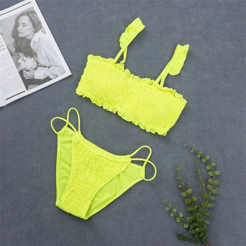 

Sexy Neon Swimwear Beach Suit Frilled Smocked Bandeau Bikini Set Bathing Suit Ruffle Thong Padded Women Swimsuit Beach Wear 2019