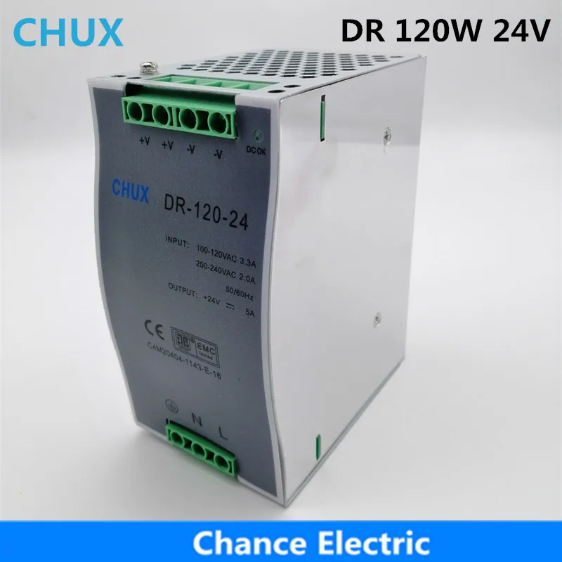 CHUX 120w 24v Switching Power Supply Din Rail type Single Output DR120W-24V 5A Power Supplies for Led Strip
CHUX 120w 24v Switching Power Supply Din Rail type Single Output DR120W-24V 5A Power Supplies for Led Strip