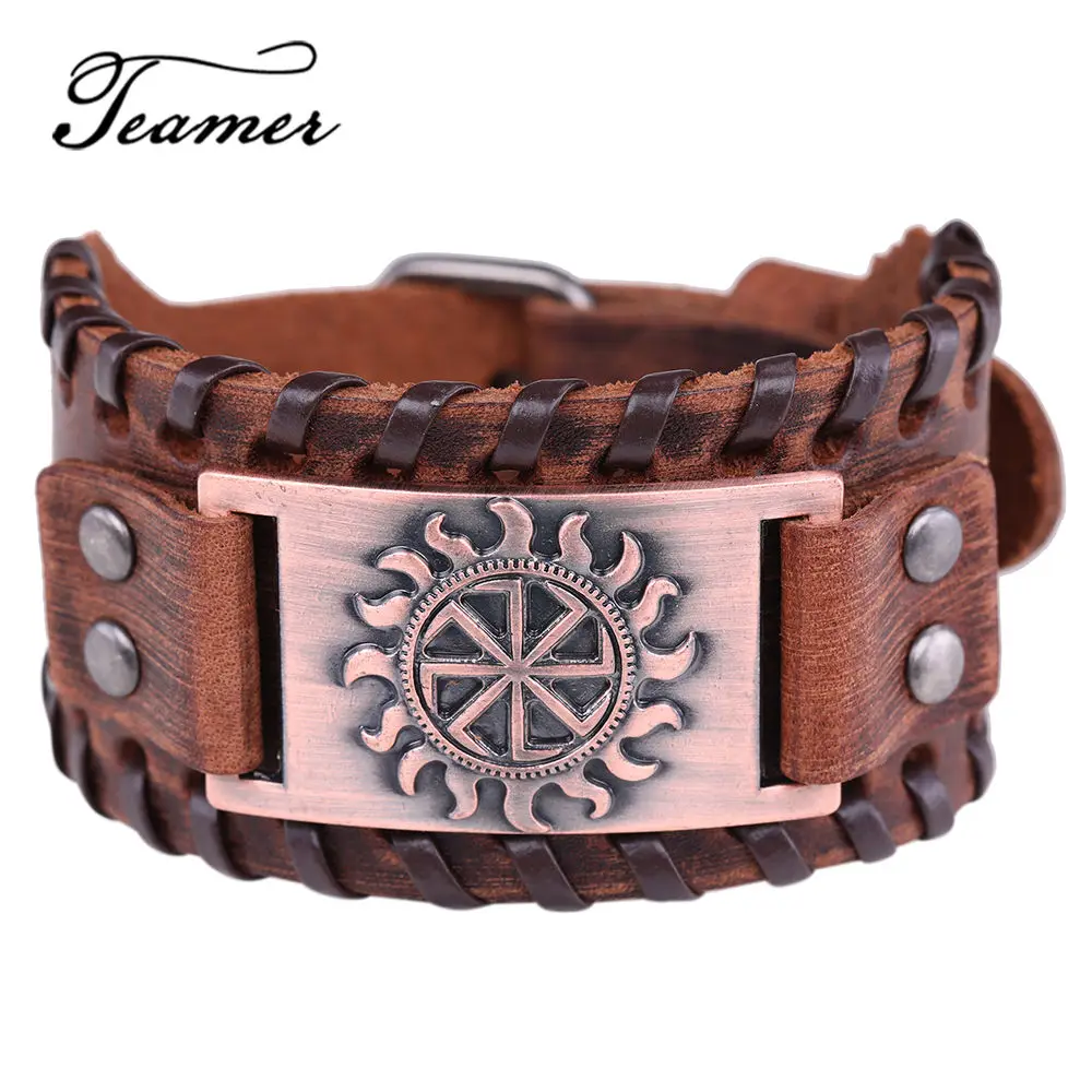 Teamer Amulet Supernatural Talisman Jewelry for Men Sun Wheel Gears Charm Bracelets Slavic Wide Genuine Leather Bracelets Gifts
Teamer Amulet Supernatural Talisman Jewelry for Men Sun Wheel Gears Charm Bracelets Slavic Wide Genuine Leather Bracelets Gifts