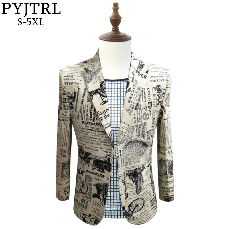 PYJTRL Retro Vintage Newspaper Print Casual Blazer Hombre Men DJ Singer Night Club Slim Fit Suit Jacket Prom Party Costume
PYJTRL Retro Vintage Newspaper Print Casual Blazer Hombre Men DJ Singer Night Club Slim Fit Suit Jacket Prom Party Costume