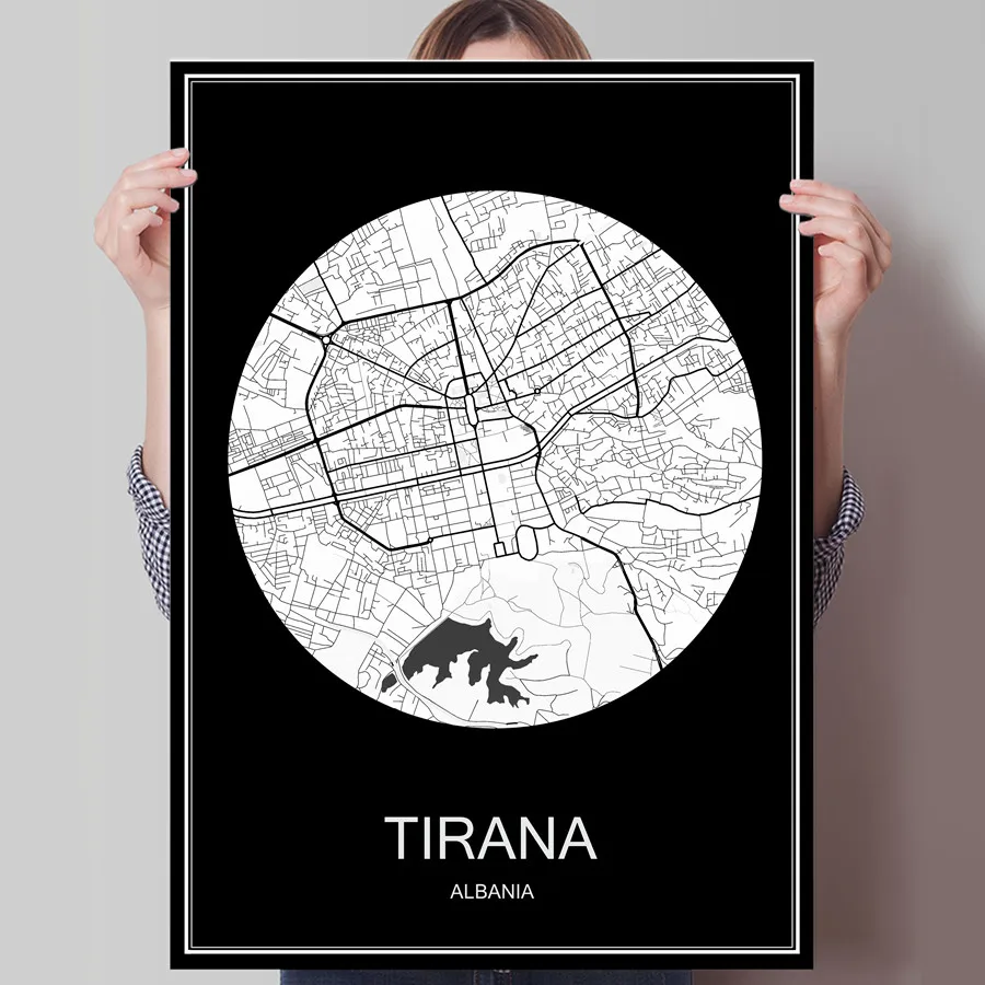 

Black White City Map of TIRANA Albania Print Poster Print on Paper or Canvas Wall Sticker Bar Cafe Living Room Home Decoration