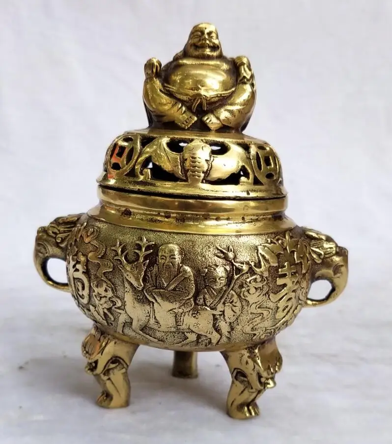 Collection chinese brass carved small 3 god incense burner home art decoration Metal censer
Collection chinese brass carved small 3 god incense burner home art decoration Metal censer