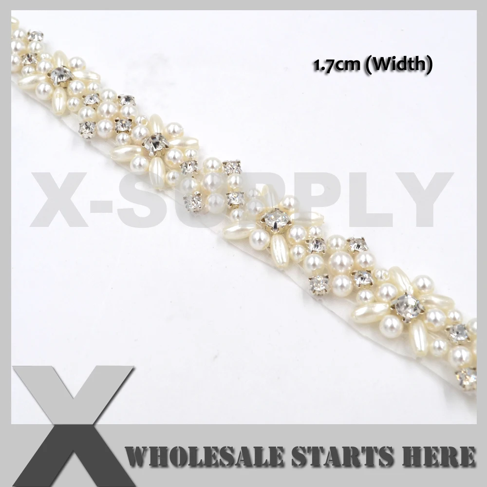 

(1.7cm Width) Ivory Pearl Rhinestone Applique Beaded Trim for Wedding Bridal Sash,Headband and Shoe/Wholesale Bulk