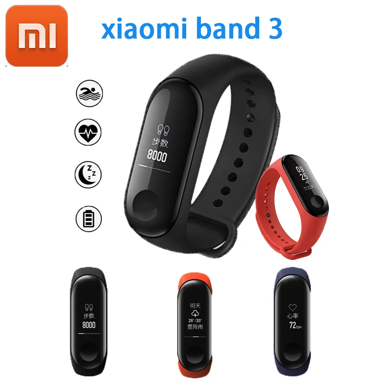 

Original Xiaomi Mi Band 3 Band3 Smart Wristband Bracelet 0.78" OLED Touchscreen 5ATM Swim Reject-Call Pulse Heart Rate Step Time