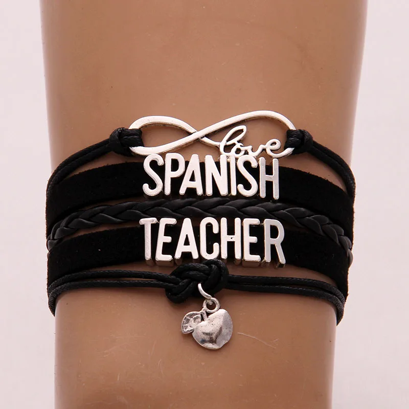 Drop Shipping Infinity Love Spanish Teacher Bracelets & Bangles Applel Charm Handmade Leather Bracelet jewelry for Teachers
Drop Shipping Infinity Love Spanish Teacher Bracelets & Bangles Applel Charm Handmade Leather Bracelet jewelry for Teachers