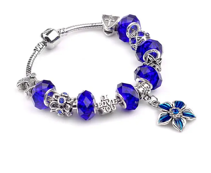 2018 Blue Fashion Flower Glass Crystal Beads Charm Bracelet For Women Silver Plated Chaveiro Bracelets & Bangles Pulsera Jewelry |
