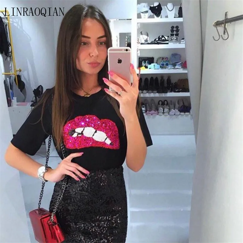 Fashion sexy lip sequin top t shirt women clothes summer cotton t-shirt short sleeve o-neck tshirt women tops poleras de mujer
Fashion sexy lip sequin top t shirt women clothes summer cotton t-shirt short sleeve o-neck tshirt women tops poleras de mujer
