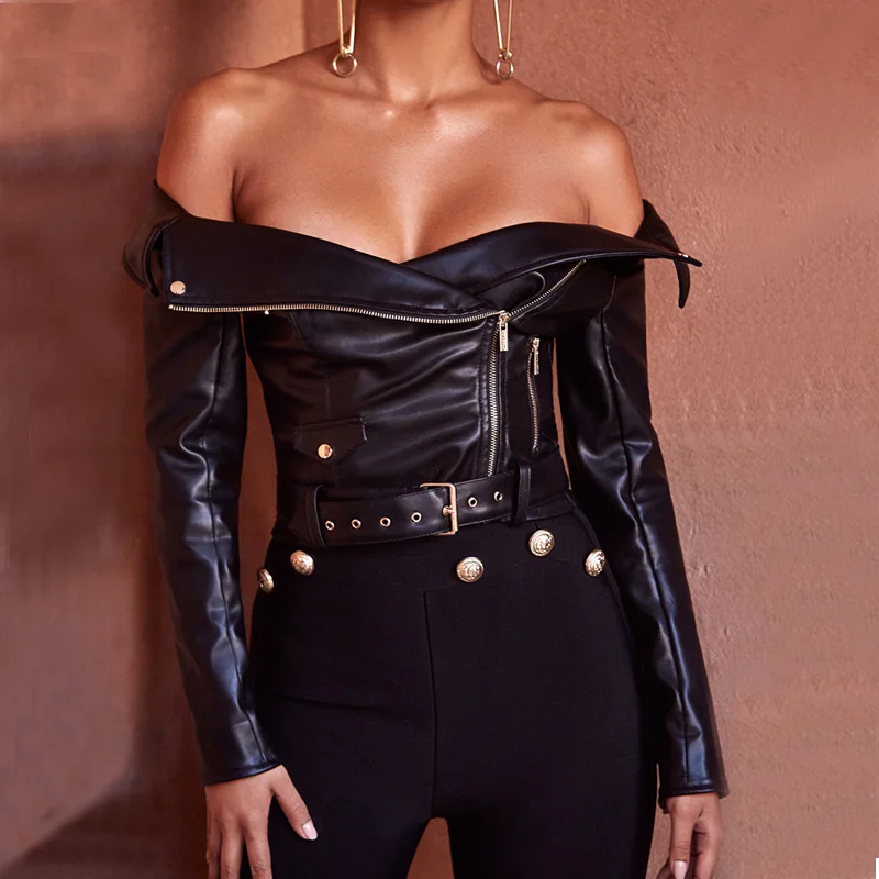 New Autumn Winter Sexy Slash Neck Jacket Women Fashion Black Long Sleeve PU Leather Coat Off Shoulder Slim Zipper Outwear 2017
New Autumn Winter Sexy Slash Neck Jacket Women Fashion Black Long Sleeve PU Leather Coat Off Shoulder Slim Zipper Outwear 2017