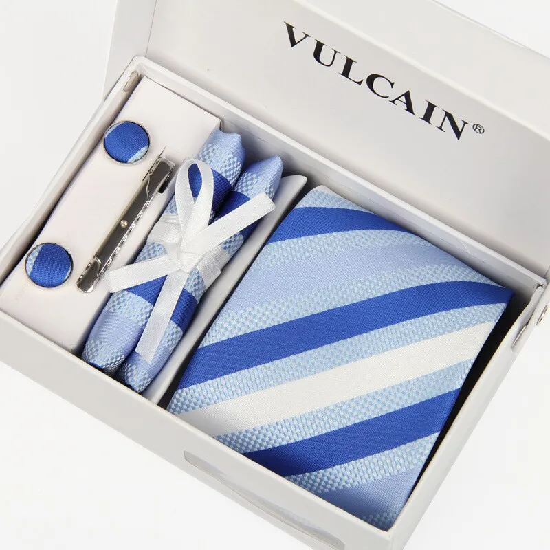 

brand royal blue Dark blue White Silver Striped neckties + handkerchief cufflinks gift box & tie clip 5 sets for men fashion
