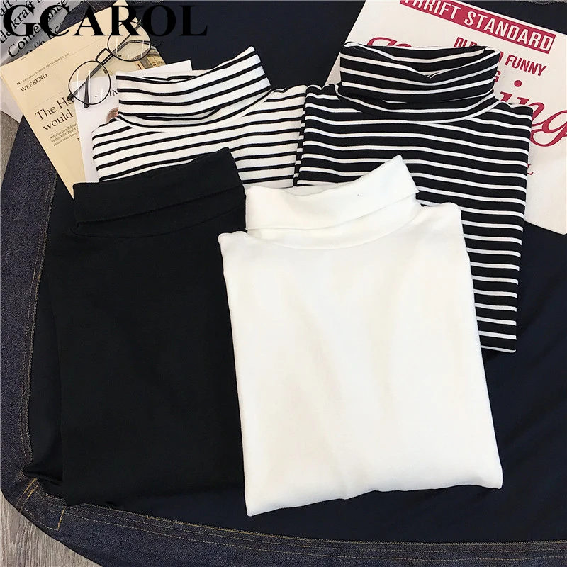 

GCAROL Women T-shirt Turtleneck Striped Full Sleeve Stretch Tops Basic Drop Shoulder Undershirt Basic Perfect Pullover M-XL