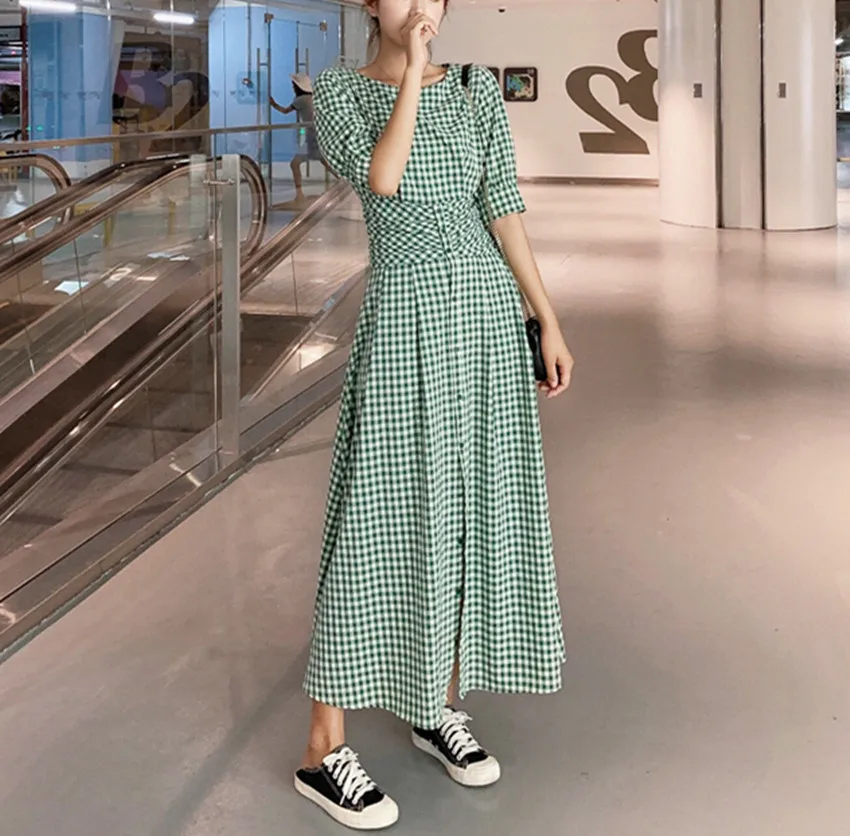 HAMALIEL Fashion Women Green Plaid Long Dress Sweet 2019 Summer Single breasted Chiffon Short Sleeve Holiday Maxi Vintage Dress
HAMALIEL Fashion Women Green Plaid Long Dress Sweet 2019 Summer Single breasted Chiffon Short Sleeve Holiday Maxi Vintage Dress