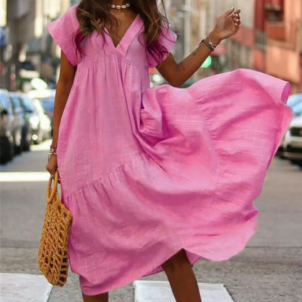 New Women Bohemian Holiday Summer Beach Loose Dress Lady Casual Solid Short Sleeve V-neck Long Dress Sundress
New Women Bohemian Holiday Summer Beach Loose Dress Lady Casual Solid Short Sleeve V-neck Long Dress Sundress