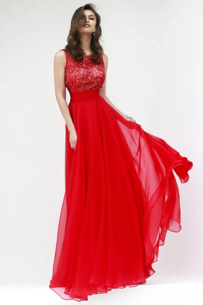 Nitree Red Long Chiffon Evening Dresses Floor Length Sleeveless Sequins Beads Empire Prom Formal Gowns vestido de festa LW | Свадьбы и