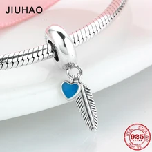 Venda quente 925 Sterling Silver Feather Esmalte Azul corações Spacer Stopper Contas Encantos Fit Pulseira Pandora Original Fazer Jóias(China)