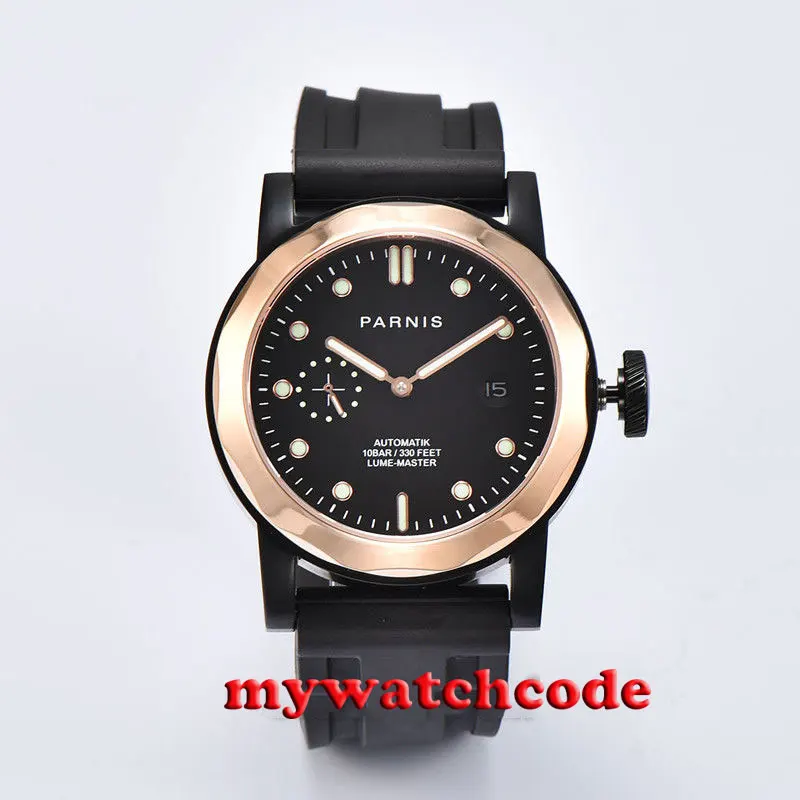 

44mm Parnis black dial black PVD case golden plated bezel Sapphire glass ST2555 Automatic Mens Watch 702